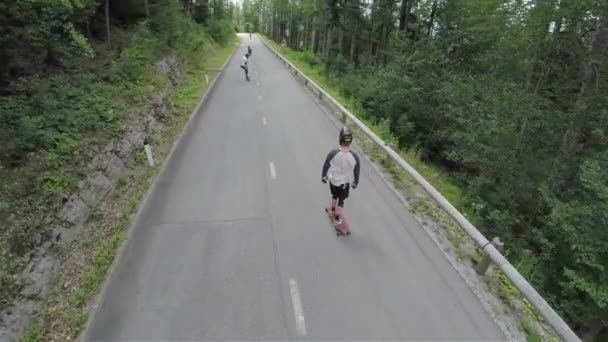 łyżwiarze na longboard jazdy przez drewno świerkowe - Materiał filmowy, wideo