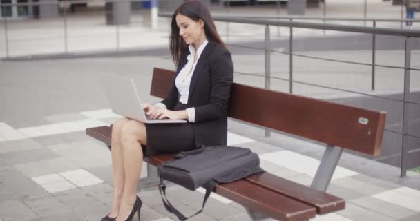 επιχειρηματίας που εργάζονται για το laptop σε παγκάκι σε εξωτερικούς χώρους - Πλάνα, βίντεο
