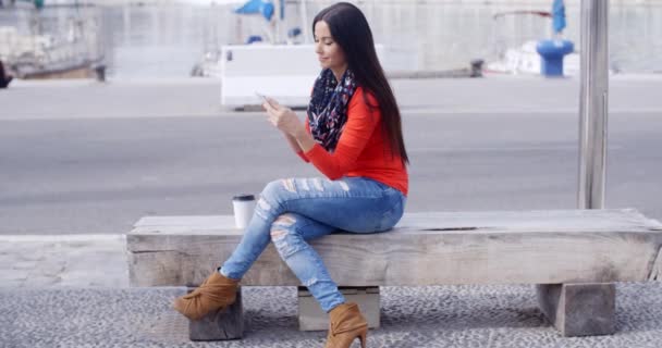 nő ül a padon, és segítségével mobil - Felvétel, videó