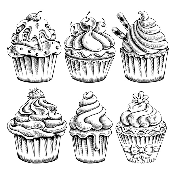 Set van hand getrokken cupcakes - Vector, afbeelding