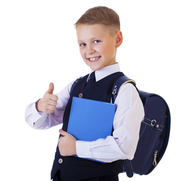 Caucasian school boy on white background with copy space - Φωτογραφία, εικόνα