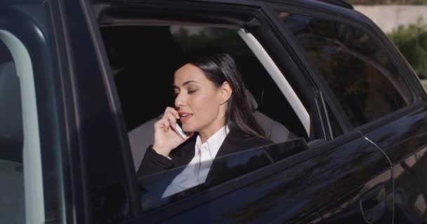 zakenvrouw praten over telefoon in limousine - Video