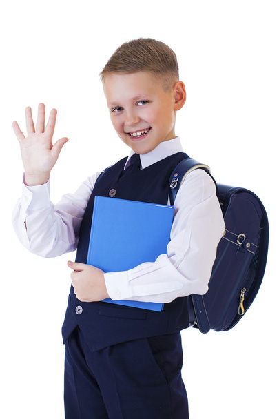 Caucasian school boy on white background with copy space - 写真・画像
