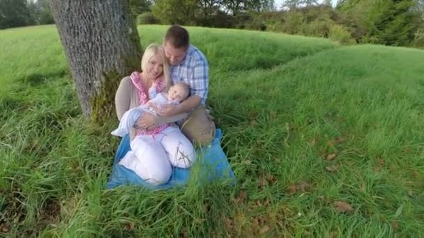Οικογένεια σε ένα πεδίο γρασίδι κάτω από ένα δέντρο - Πλάνα, βίντεο