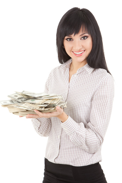 Young business woman with pile of money - Foto, immagini