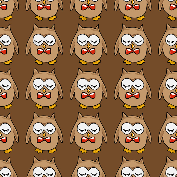 Hand-drawn illustrations. Cute owl with a red bow. Seamless pattern. - Vecteur, image