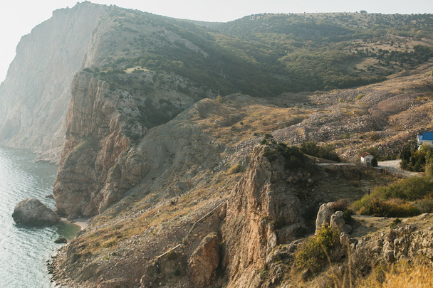 grand mountain and sea in the Crimea. Cape Fiolent in autumn - Foto, Imagem