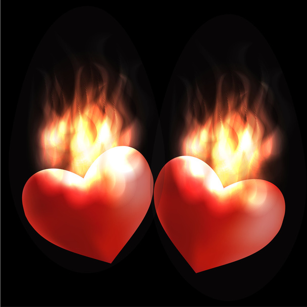 Herzen, die vor Liebe und Leidenschaft brennen, Flammen auf schwarzem Hintergrund - Vektor, Bild