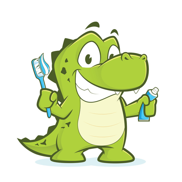 Krokodyl lub aligatora trzymając szczoteczkę do zębów i pasty do zębów - Wektor, obraz