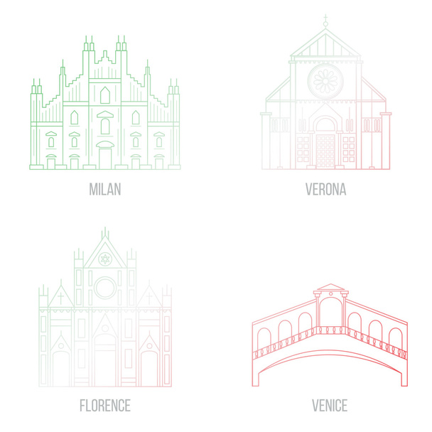 ベクトルは、イタリアの建造物のコレクションです。ミラノ、教会サンタ ・ クローチェ橋リアルト ヴェネツィア、サン ゼーノ マッジョーレ大聖堂ドゥオーモ。線のスタイル。はがき用の完全なアイコン. - ベクター画像