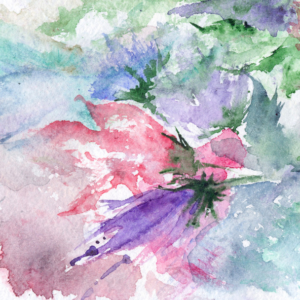 水彩ロマンチックなピンク緑紫花背景 - 写真・画像