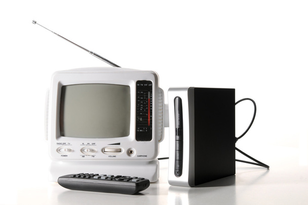 Fehér tv és a digitális átalakító box - Fotó, kép