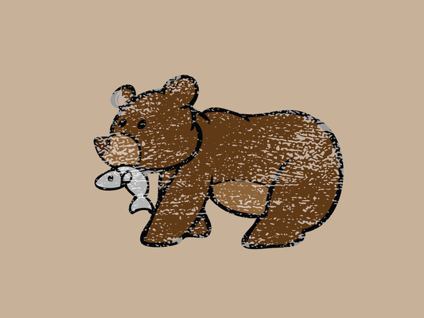 Brown bear with fish in mouth stamp - Вектор,изображение