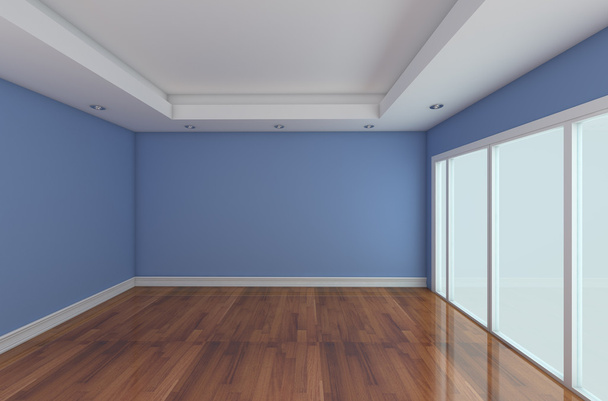 Chambre vide décorée mur bleu et plancher de bois
 - Photo, image
