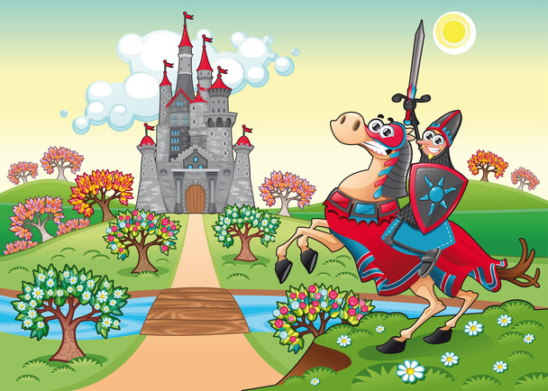 Panorama with medieval castle and knight - Vector, Image