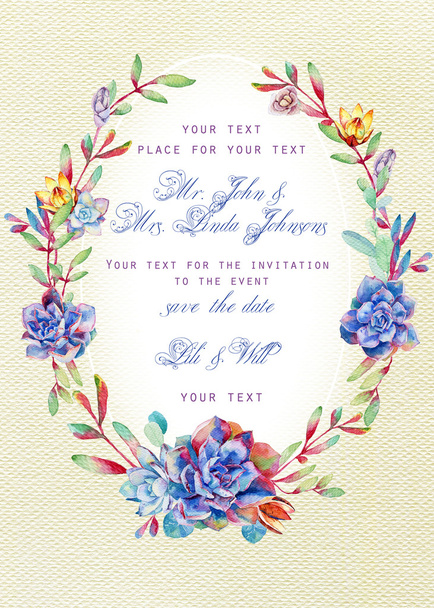 Carte d'invitation. Aquarelle succulents bleus sur aquarelle blanche
  - Photo, image