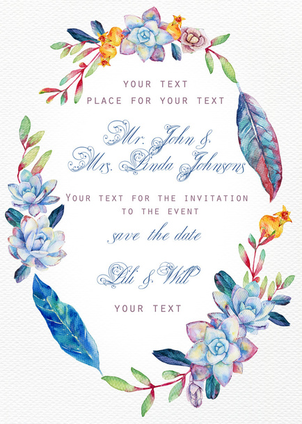 Invitation card. Watercolor blue succulents. - Photo, Image