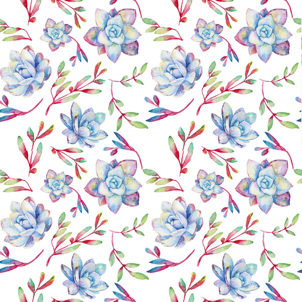 Seamless pattern with watercolor blue succulents. - Foto, Imagem