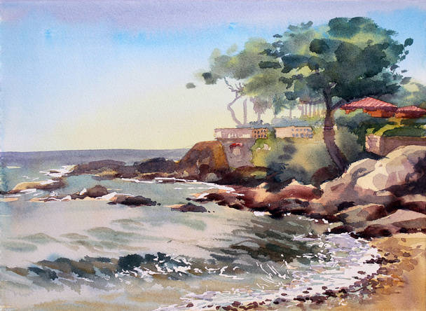 Watercolor painting of the Cote d Azur, France. - Photo, Image