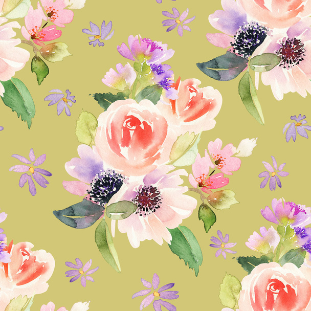 Seamless pattern with flowers watercolor. - Fotoğraf, Görsel