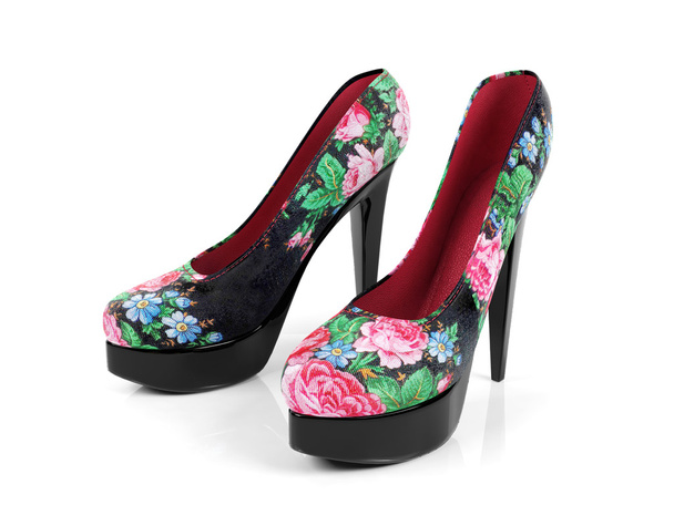 Θηλυκά ψηλοτάκουνα παπούτσια με λουλούδι μοτίβο απομονωθεί - Φωτογραφία, εικόνα