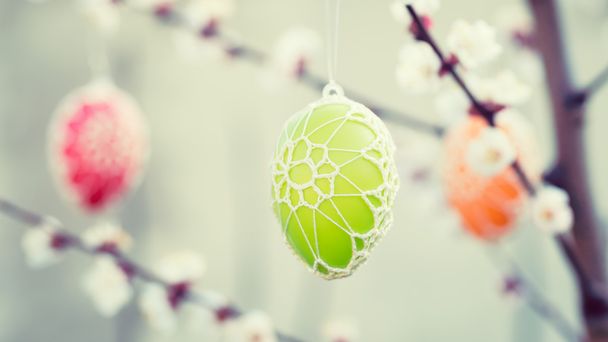 Colorful Easter eggs hanging from a blossoming apple tree - Photo, image