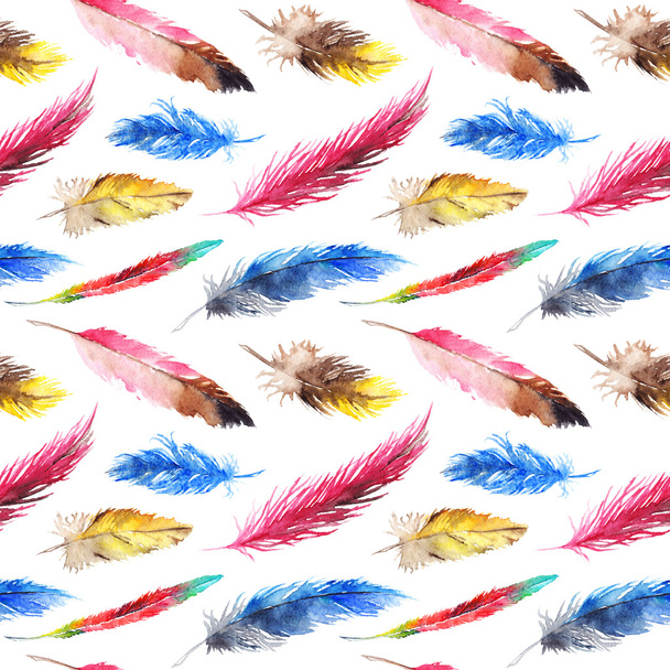 Watercolor colorful feather seamless pattern background texture - Foto, Imagen