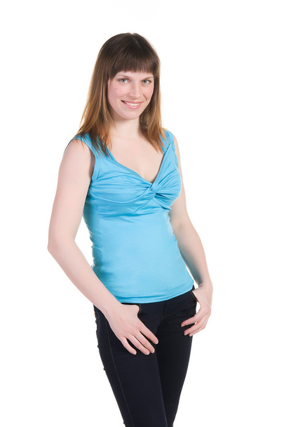 Портрет красивої молодої жінки в синій сорочці
 - Фото, зображення