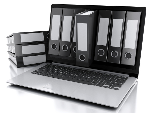 3D-laptop en bestanden. geïsoleerde witte achtergrond - Foto, afbeelding