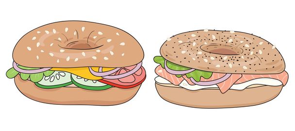 Набор из 2 свежих бутербродов с бубликом. Лосось и сливочный сыр, овощи и сыр. Векторная иллюстрация
. - Вектор,изображение