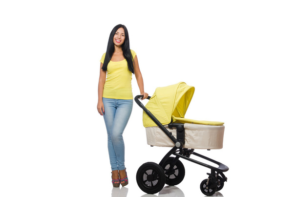 Vrouw met baby en kinderwagen geïsoleerd op wit - Foto, afbeelding
