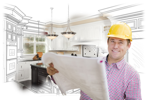 Contractor Holding Blueprints Over Custom Kitchen Drawing and Ph - Photo, Image