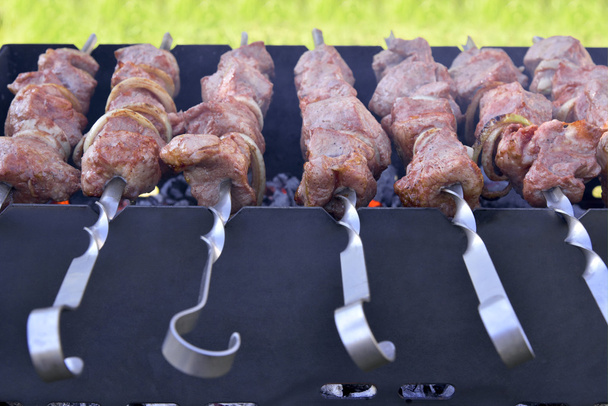 Carne succulenta su uno spiedo alla griglia
  - Foto, immagini