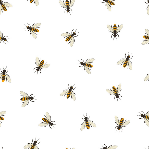 Bee seamless pattern. Black and orange silhouette of the bee. Fl - ベクター画像