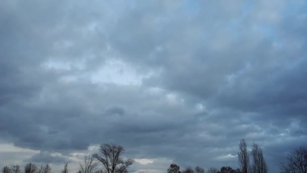 Imagens de tempo-lapso de nuvens escuras que se movem através do céu e árvores nuas
 - Filmagem, Vídeo
