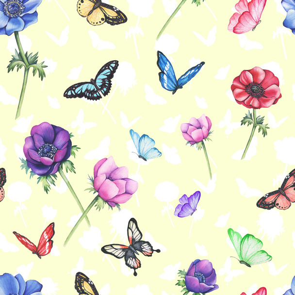 Seamless pattern anemones with butterflies. Watercolor - Photo, image