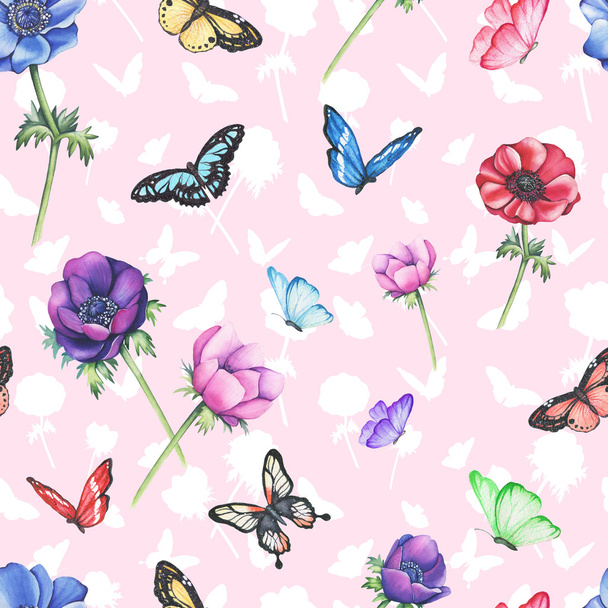 Seamless pattern anemones with butterflies. Watercolor - Foto, afbeelding