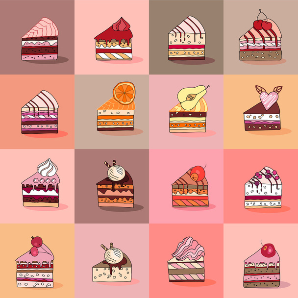 Seamless pattern  with different kinds of cake slices. Sweet desserts, various taste. For restaurant design, posters, announcements, cafe menu etc. - Vetor, Imagem