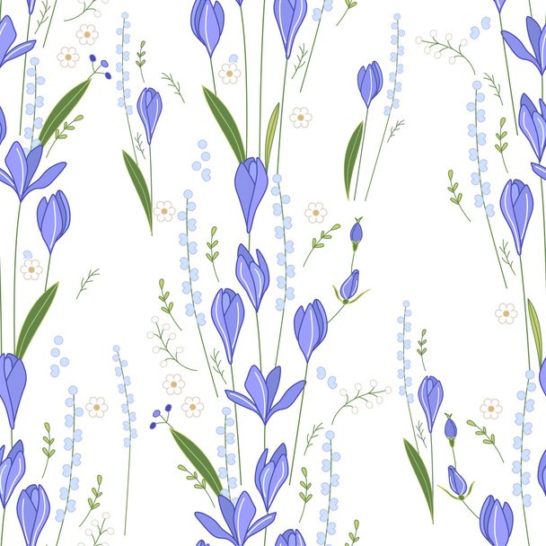 Seamless pattern with stylized cute crocuses.  Endless texture for your design, greeting cards, announcements, posters. - Vector, Imagen