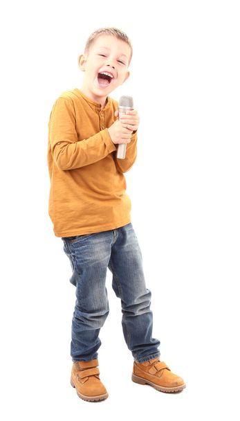 Kis fiú gazdaság mikrofon - Fotó, kép