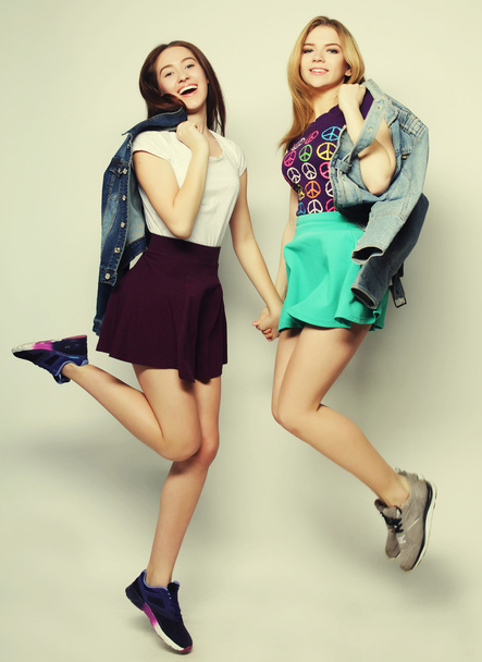 young hipster girls best friends jump - Photo, Image