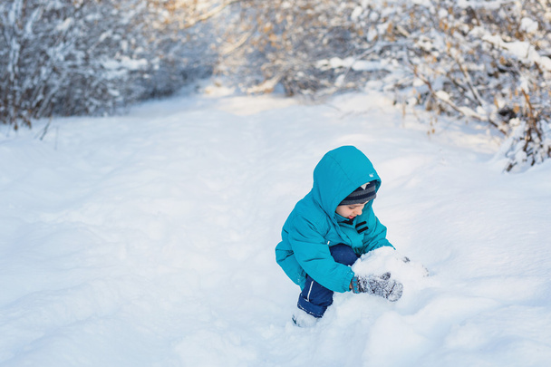 A cute little boy plays with snow in winter forest - Foto, Imagem