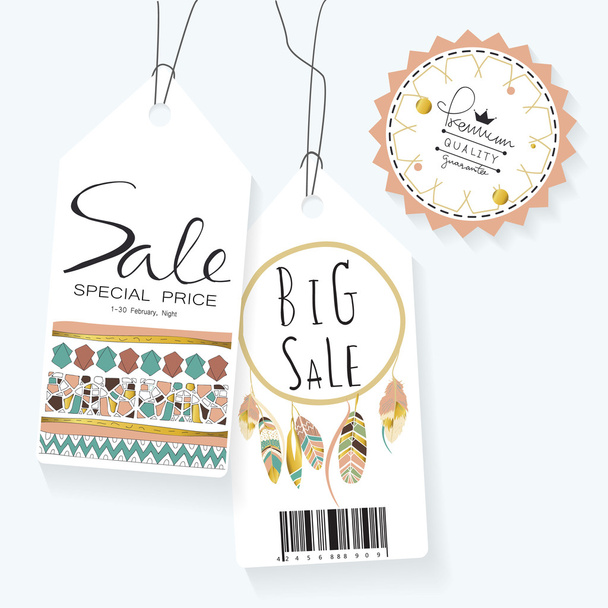 Light green gold pink tag sale in boho style on valentine's day - Vector, afbeelding