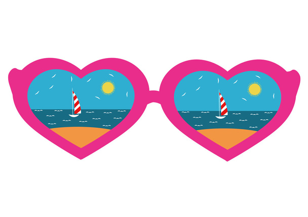 pink-rimmed glasses with a heart, reflecting beach - Vector, Image