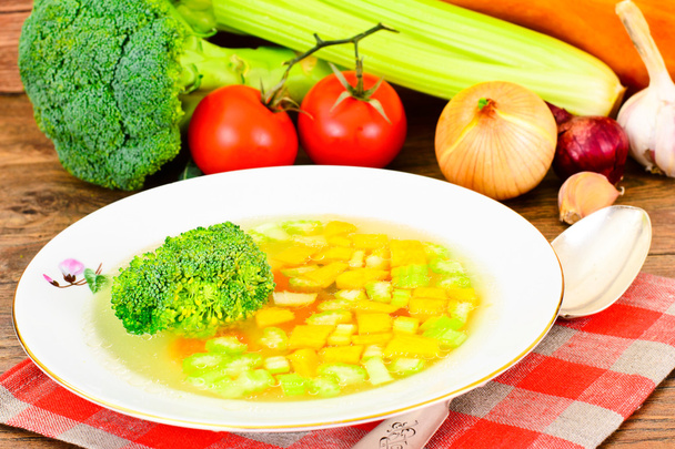 Chicken Soup with Broccoli, Carrots and Celery, Pumpkin and Nood - 写真・画像