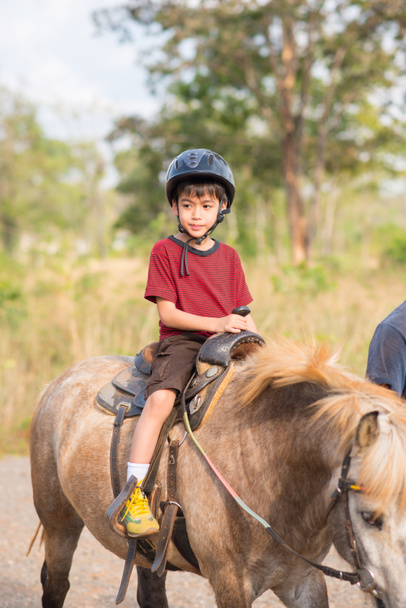 Pieni poika ratsastus koulutus hevonen
 - Valokuva, kuva