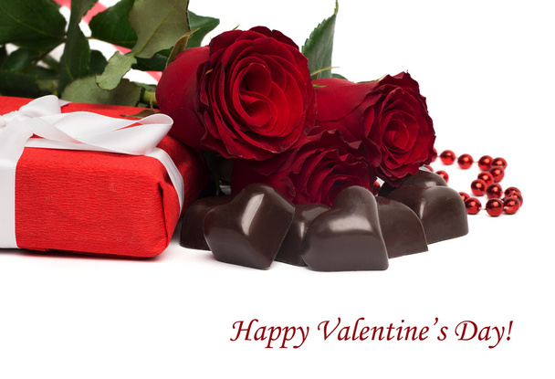 Tag Happy Valentine's Day with red present box and ribbon, roses - Photo, Image
