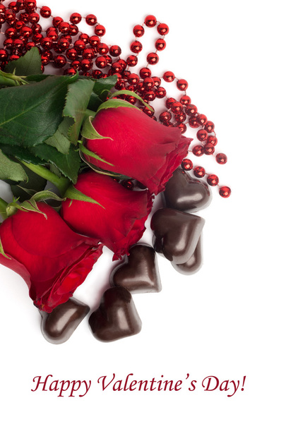Tag Happy Valentine's Day with red roses and candies - Фото, изображение
