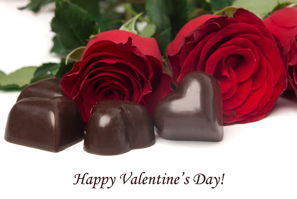 Happy Valentine's Day tag met rode rozen en snoepjes - Foto, afbeelding