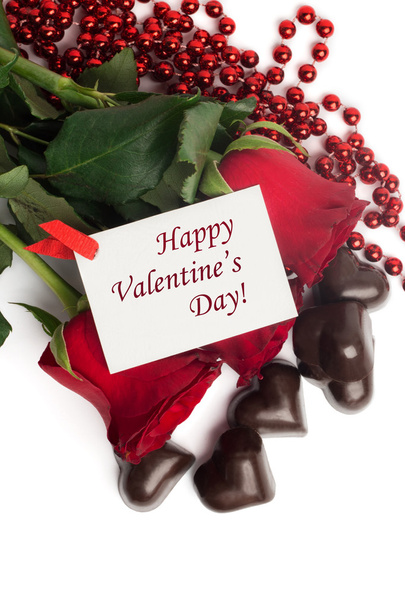 Tag glücklicher Valentinstag mit roten Rosen und Bonbons - Foto, Bild